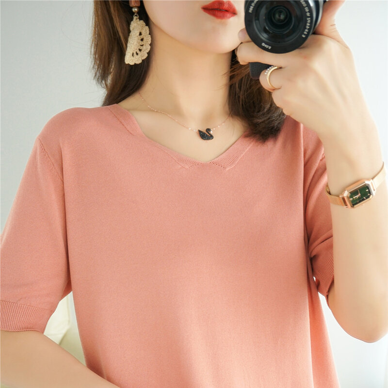 女性のためのレトロな韓国のVネックセーター,無地の十分な色,ミドル丈の袖,ニット,ファッションジャケット,夏,2022