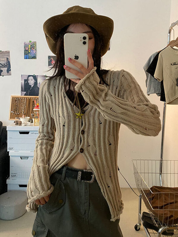 Deeptown-casaco feminino oco de malha, grunge de harajuku, suéter gasto buraco, blusa casual com decote em v, coquete coreano vintage, anos 90, Y2K