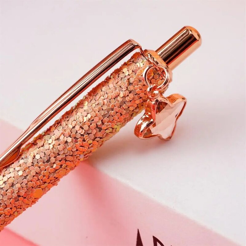 Metal Ballpoint Pen Set para Mulheres, Ouro Rosa, Diamante De Cristal, Tinta Preta, Brilho, Escritório, Casamento, Sup, 9Pcs, Z2Q9