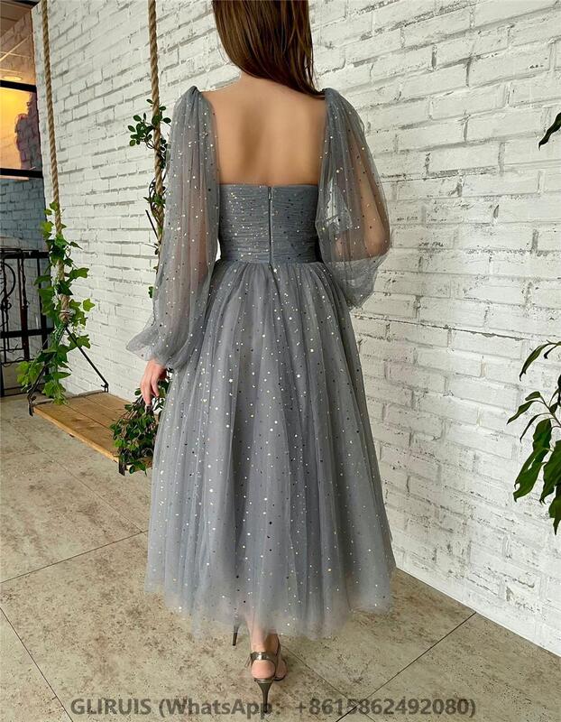 Sweetheart Glitter Tulle Saudi Arabia Evening Gown Ankle Length Party Dress Long Sleeves  A-Line Prom Dresses
