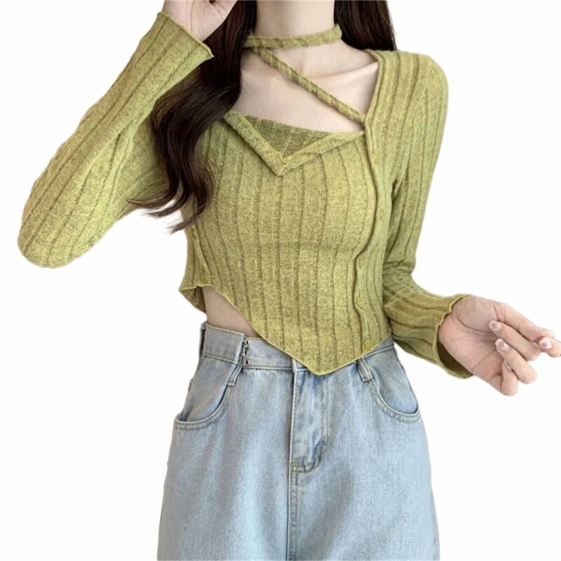 Suéter ajustado Color liso para mujer, Top corto cuello Halter Irregular punto acanalado manga larga, envío directo
