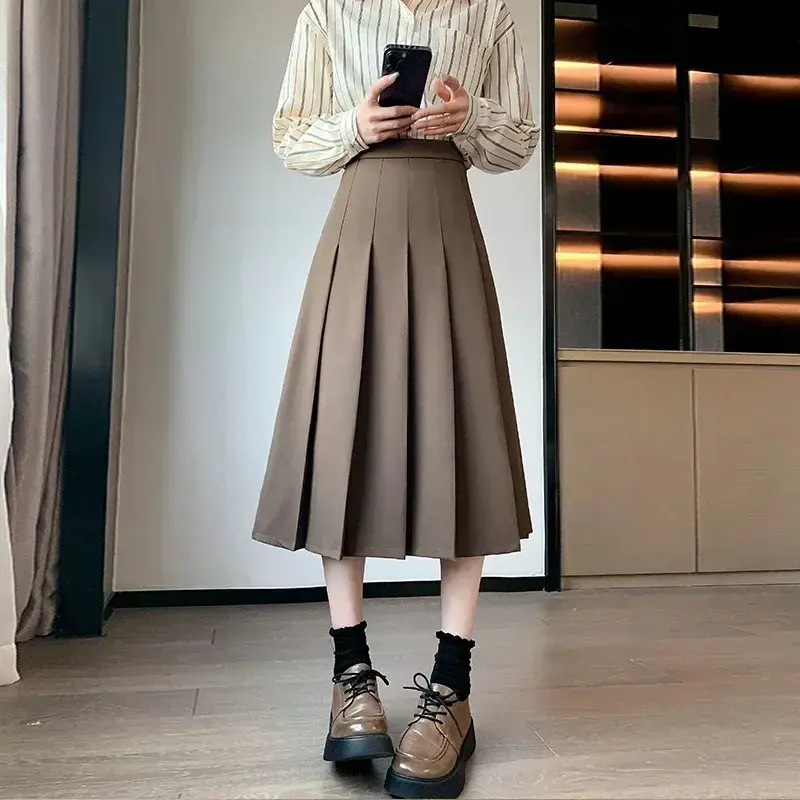 Jupes plissées taille haute pour femmes, jupe trapèze mi-longue, style preppy, mode coréenne, document solide, automne et hiver