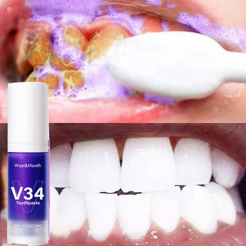 V34 Zahn reinigungs mousse lila abgefüllte Presse Zahnpasta erfrischt Atem weiß Zahn flecken Entfernung Zahn reinigung 30ml