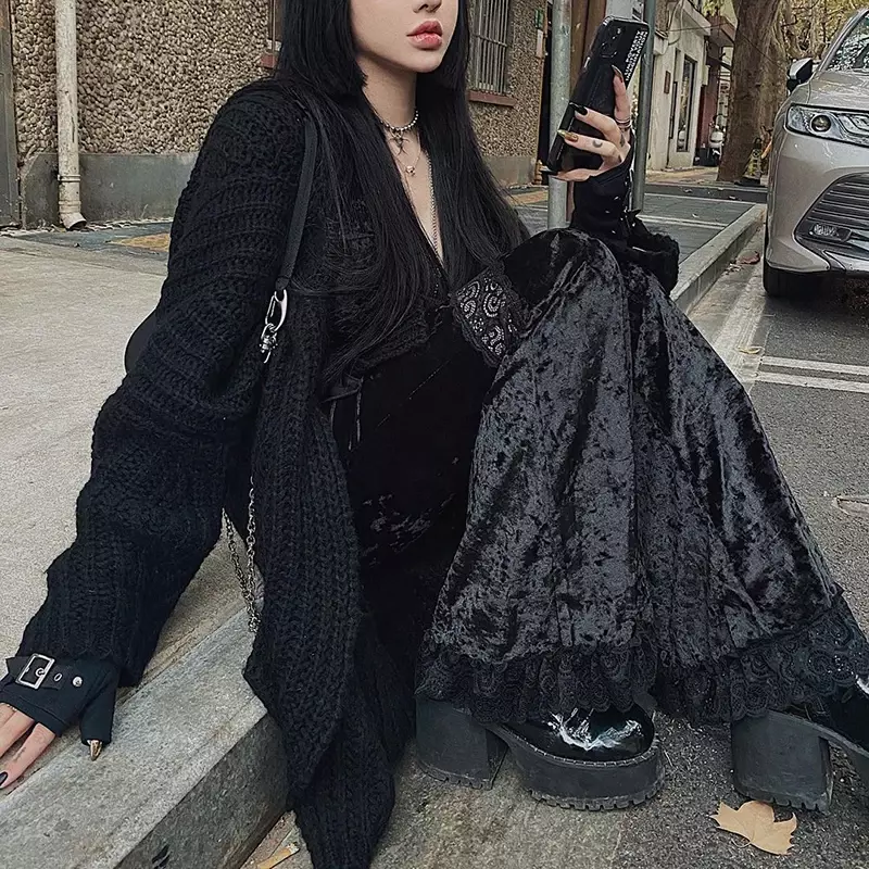 2024 New Mall Goth High Waist Flared Pants Aesthetic Sexy Lace Patchwork Trousers Women Vintage Elegant Velvet Christmas Pants