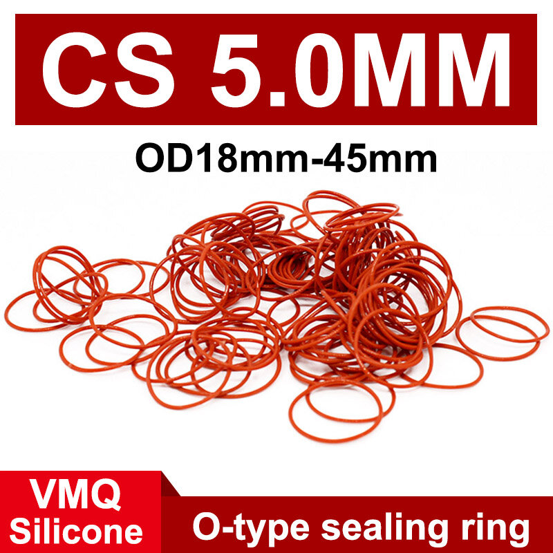 10 шт. OD 18-45 мм CS 5,0 мм красный VMQ Силиконовое уплотнительное кольцо пищевой класс Водонепроницаемая шайба резиновая Изолированная круглая O-образная уплотнительная прокладка проволока диаметр