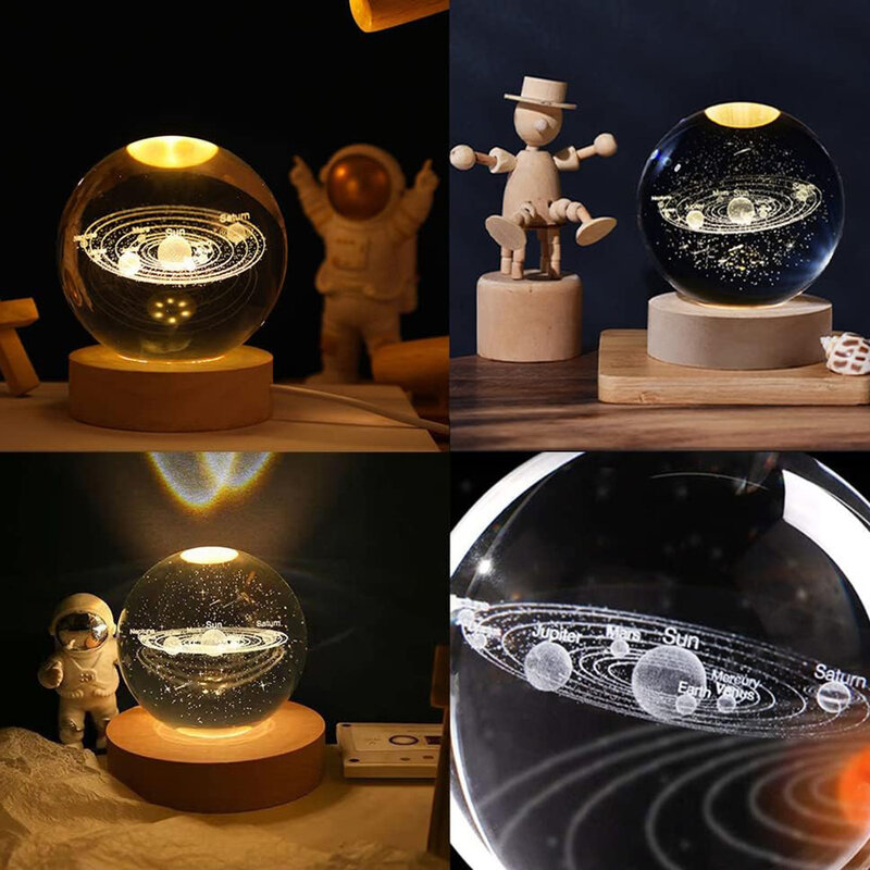 Luz de noche LED USB para decoración del hogar, bola de cristal de galaxia, lámpara de luna de planeta 3D, lámpara de mesa para dormitorio, fiesta de niños, regalos de cumpleaños para niños