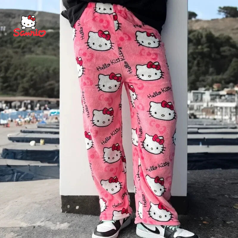 KawaiiSanrio Hello Kitty piyama flanel anak perempuan, celana rumah longgar kartun wol hangat warna hitam musim gugur musim semi modis