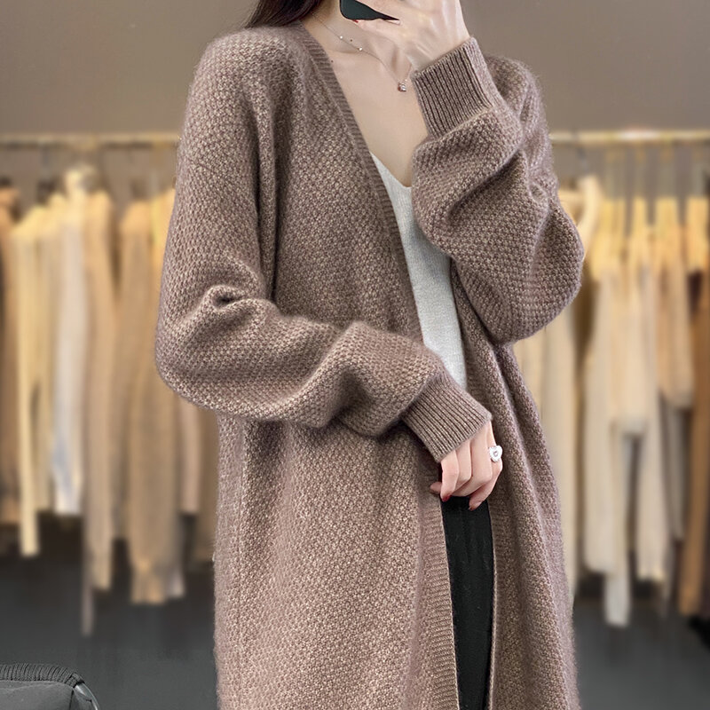 Herbst und Winter neue Frauen tragen Wolle Strickjacke Temperament einfarbig lange lose faulen Wind pullover koreanischen Mantel