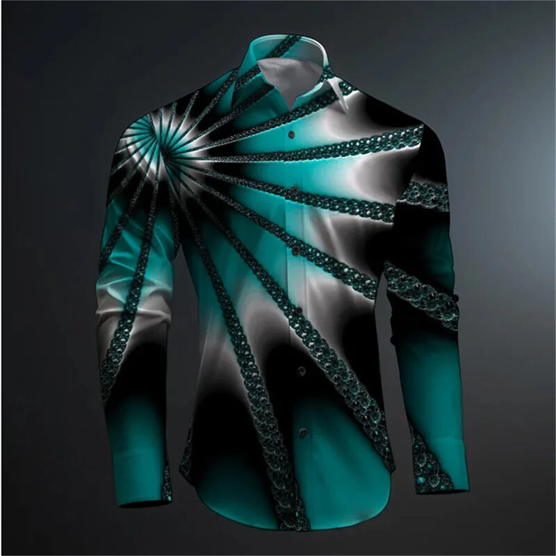 남성용 3D 프린트 긴팔 셔츠, 최신 디자인, 한국 의류, 럭셔리 패션, 단추 라펠 긴 셔츠 상의