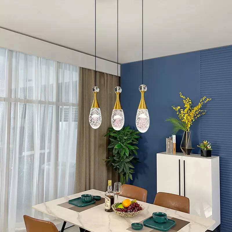 Lampu gantung Led kristal Modern, lampu gantung untuk dekorasi samping tempat tidur kamar restoran kombinasi dalam ruangan meja makan Pulau dapur