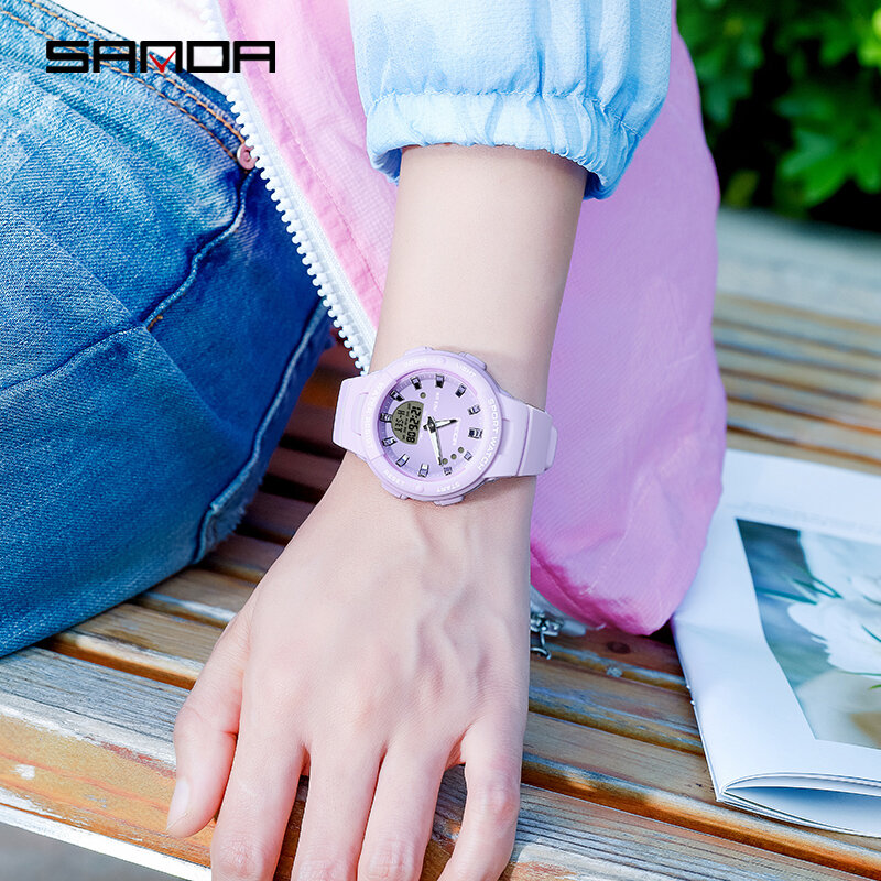 Sanda-reloj deportivo de lujo para mujer, pulsera de cuarzo Digital Led multifuncional, resistente al agua, estilo militar, 6005