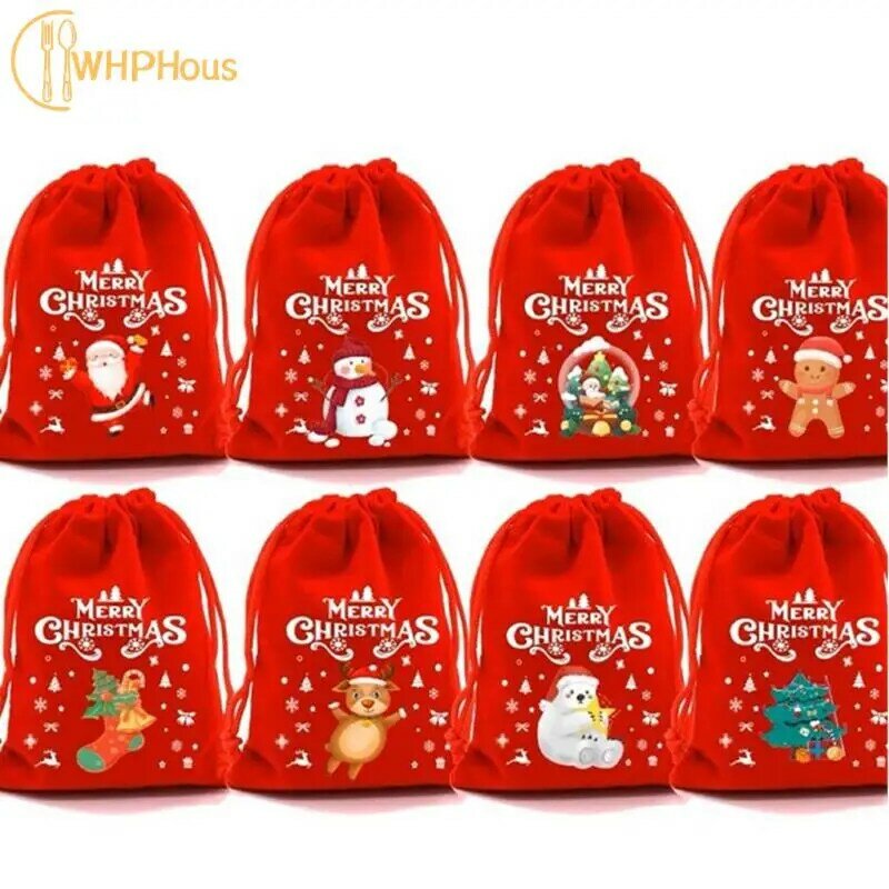 Merry Christmas Red Lint Candy Bag With Drawstring Gift Packaging Pouch Christmas Decoration New Year Favor Supplies