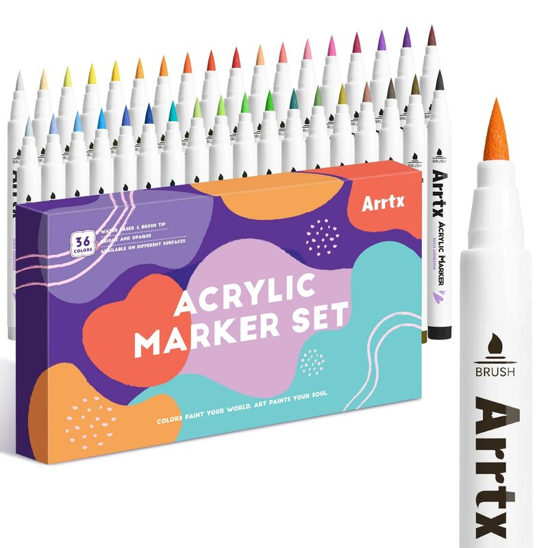 Arrtx rotuladores acrílicos de 36 colores para pintura en roca, marcadores de pintura con punta de pincel adicional, suministros de arte, pintura de tela, rotuladores de tela