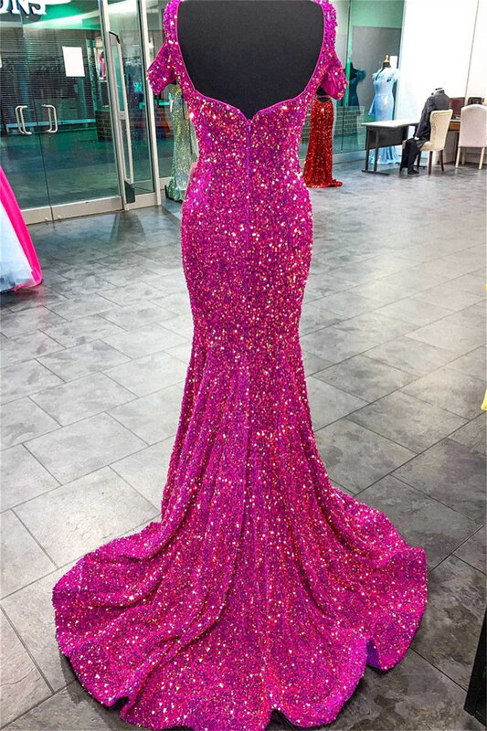 Spaghetti Off-the-shoulder V-Neck Sequin Cocktail Dresses Mermaid Backless Corset Floor-Length Sparkly Formal Party Prom Dress
