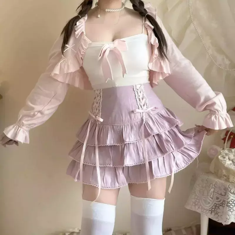 2024 Japanese Kawaii Lolita Style Pleated Skirts Women High Waist Pink Bandage Fairy Y2k Aesthetic Skirt Cute