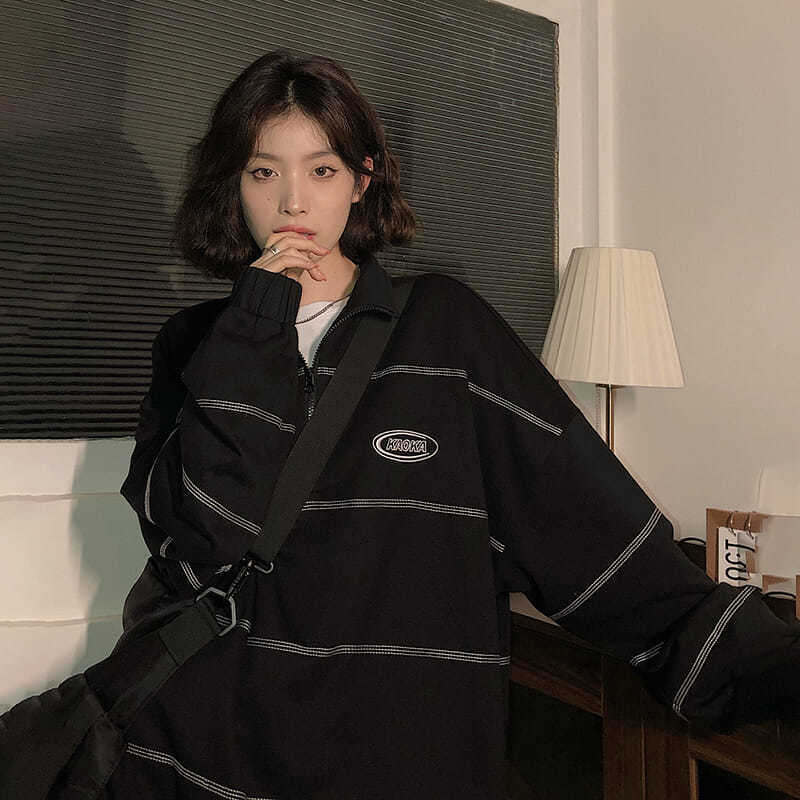 Moda streetwear listrado hoodie harajuku preto moletom feminino coreano vintage hip hop pulôver estético de grandes dimensões
