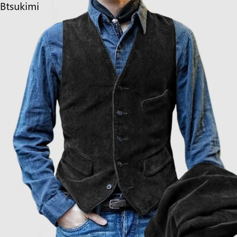 Chaleco Vintage de pana para hombre, abrigo informal de un solo pecho, chaqueta sin mangas Formal, estilo británico, a la moda