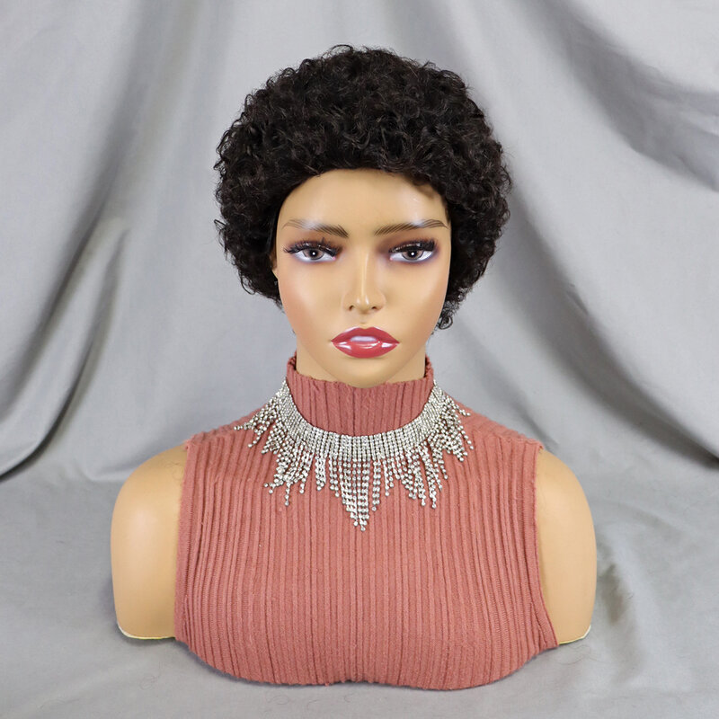 Peluca de cabello humano para mujer, pelo corto Bob Pixie rizado Afro, brasileño, virgen, máquina completa, barato