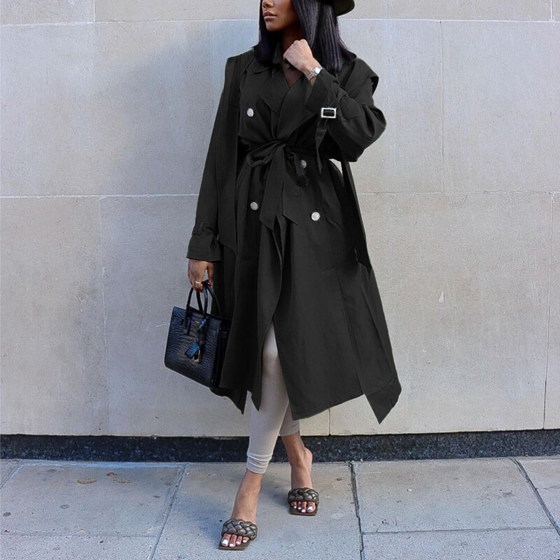 여성 바람막이 재킷, 단색 벨트, 루즈핏 슬림한 중간 길이, 시크한 한국 스타일, 레저 브레스티드, 가을 겨울 신상