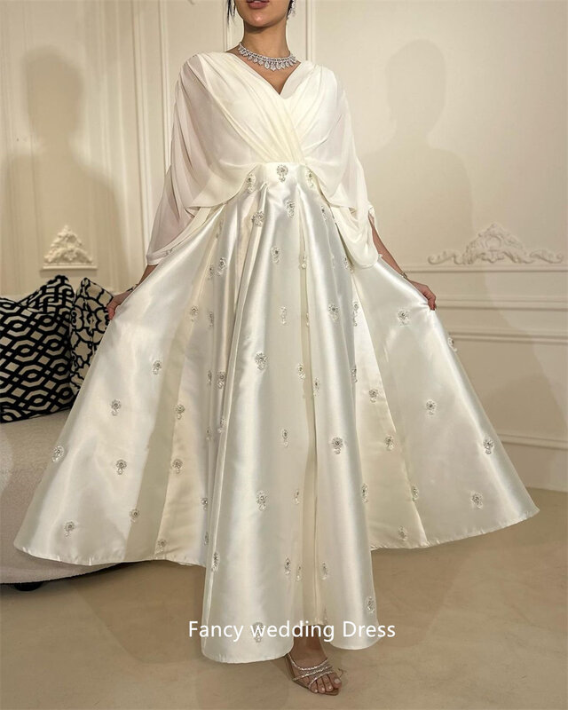 Fancy Ivory V-Neck Beading A-LINE Satin Evening Dress Saudi Arabia 2024 Slim Chiffon Long Sleeve Ankle-Length Prom Dress