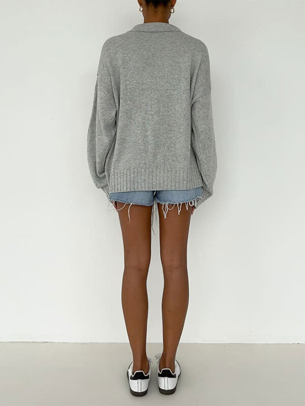 Suéter de malha casual feminino, manga comprida, lapela, cor sólida, pulôver listrado, malha, outono, inverno