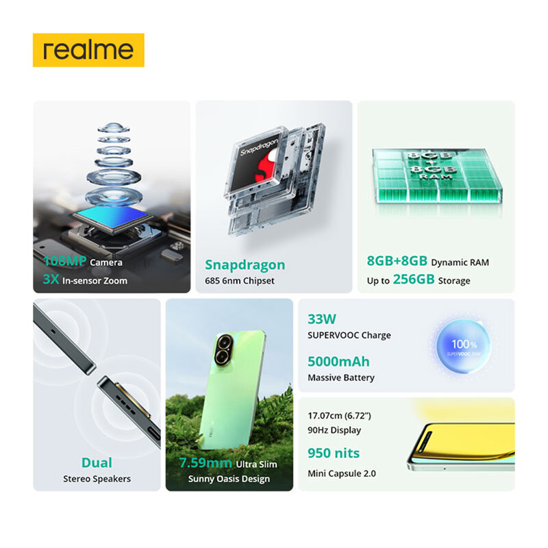 Realme 스냅드래곤 685 프로세서, AI 카메라, 6,72 인치, 90Hz 디스플레이, SUPERVOOC 충전, 5000mAh 배터리, 33W, C67, 108MP, 신제품