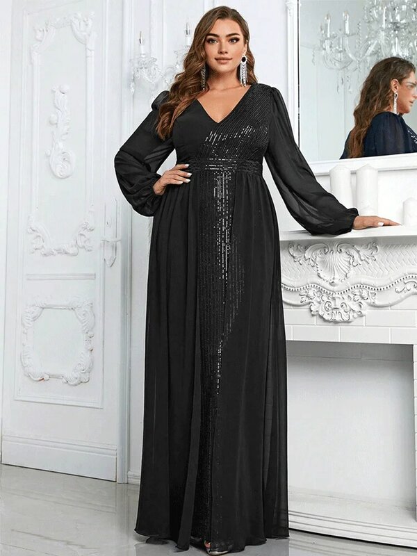 Plus Size V-Ausschnitt mehrfarbige Chiffon Pailletten Panel Kleid 2023große Größe lose elegante Sommer lange Abend Ballkleid