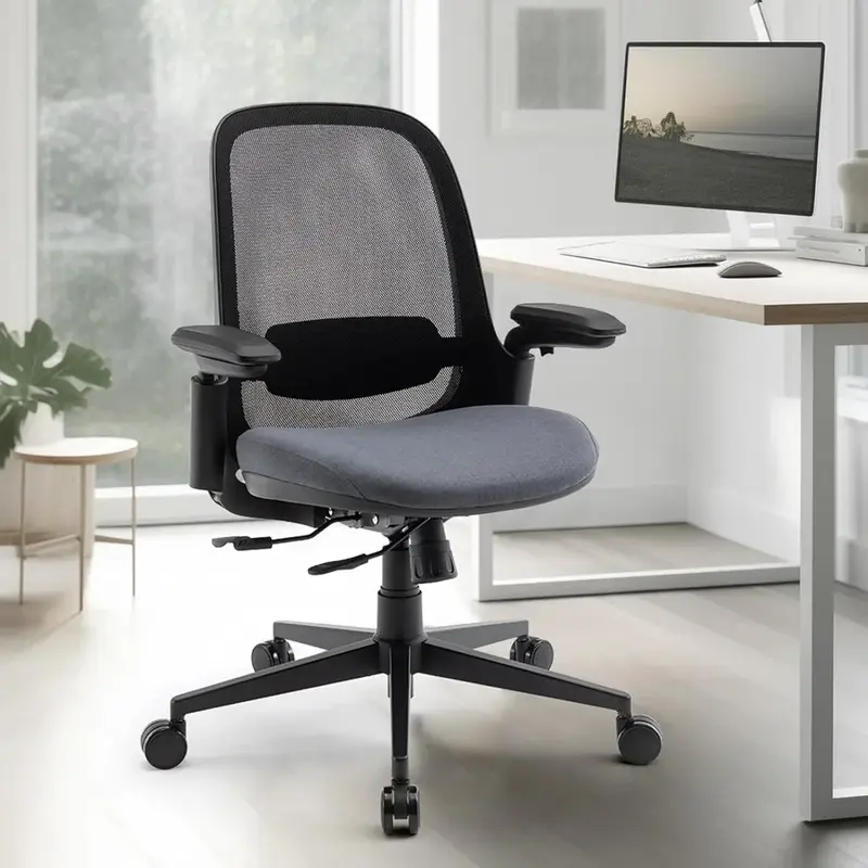 Krzesło biurowe siatkowe, środkowe, komputerowe krzesła biurowe z podłokietnikami 3D, przesuwowym siedzeniem, uchylną blokadą i stabilizator lędźwiowy-czarną/szarą