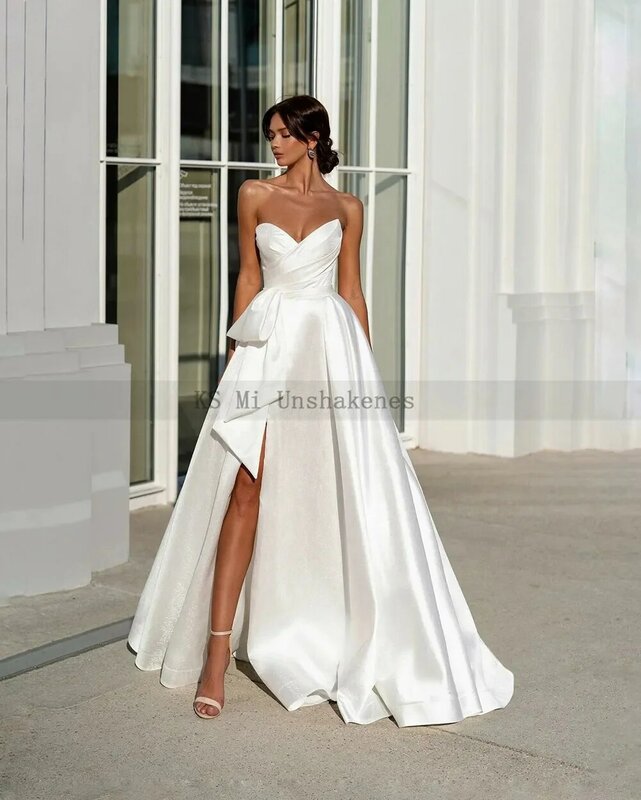Sexy Wedding Dresses Floor Length Satin White Bride Dress 2024 Split Side Sweetheart Cheap Wedding Gowns China Custom Made