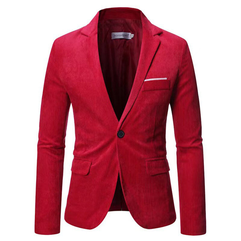 Suit Jacket Men Blazer Smart Solid Color Regular Vintage Business Casual Corduroy Durable Handsome Long Sleeve
