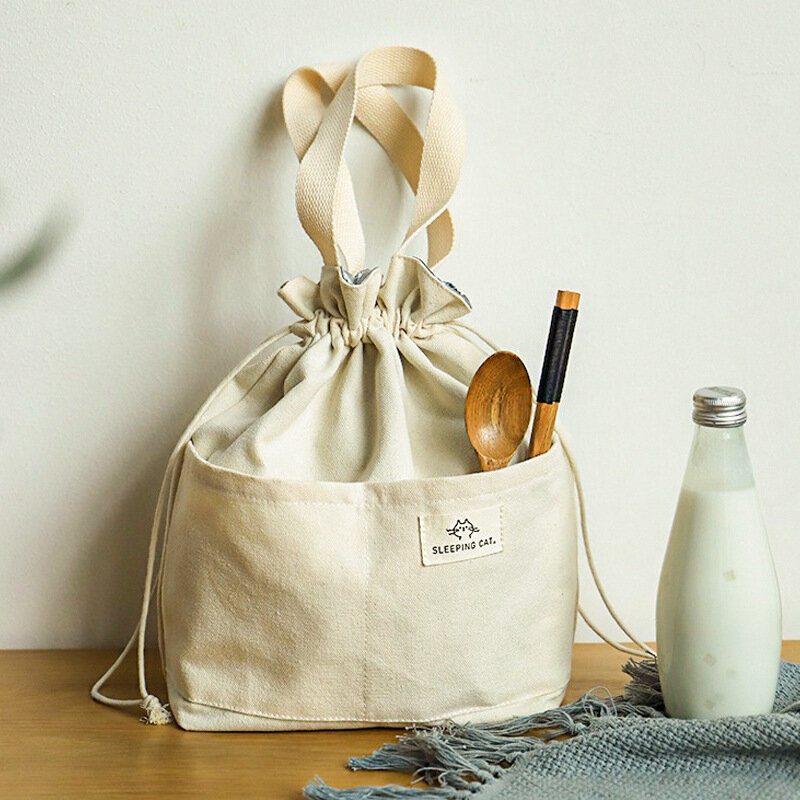 Холщовая изолированная сумка для ланча на шнурке, утолщенная термо-сумка для бенто, Портативная сумка-холодильник, уличный пищевой контейнер для пикника и ужина