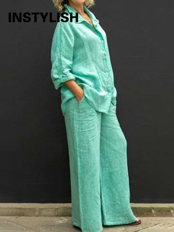 Lniane klapy dwuczęściowe zestaw jesienne Vintage jednolity kolor koszula z długim rękawem bluzki kobiety luźne proste spodnie garnitury