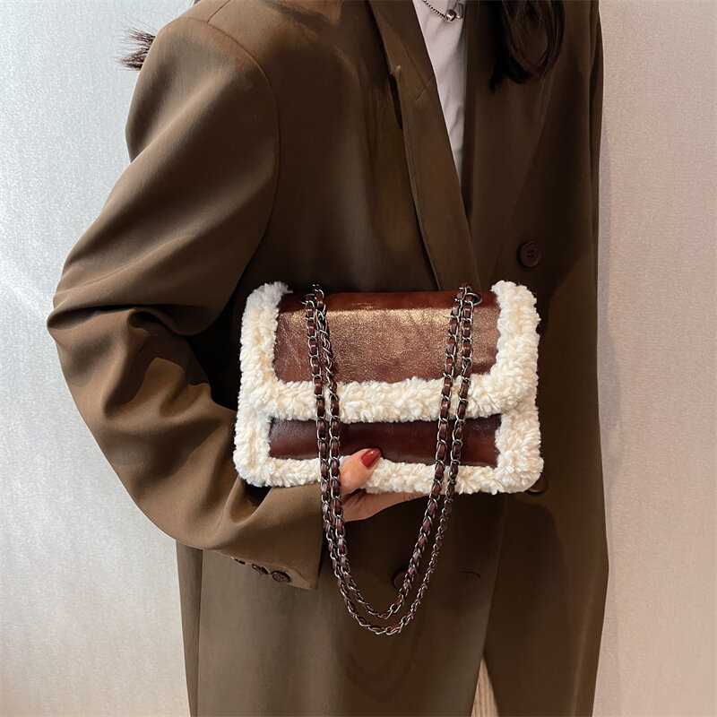 Bolso de hombro con cadena de lana de cordero para mujer, monedero de cuero PU suave, bolso de mano con solapa pequeña para axilas, bolso cruzado femenino de marca
