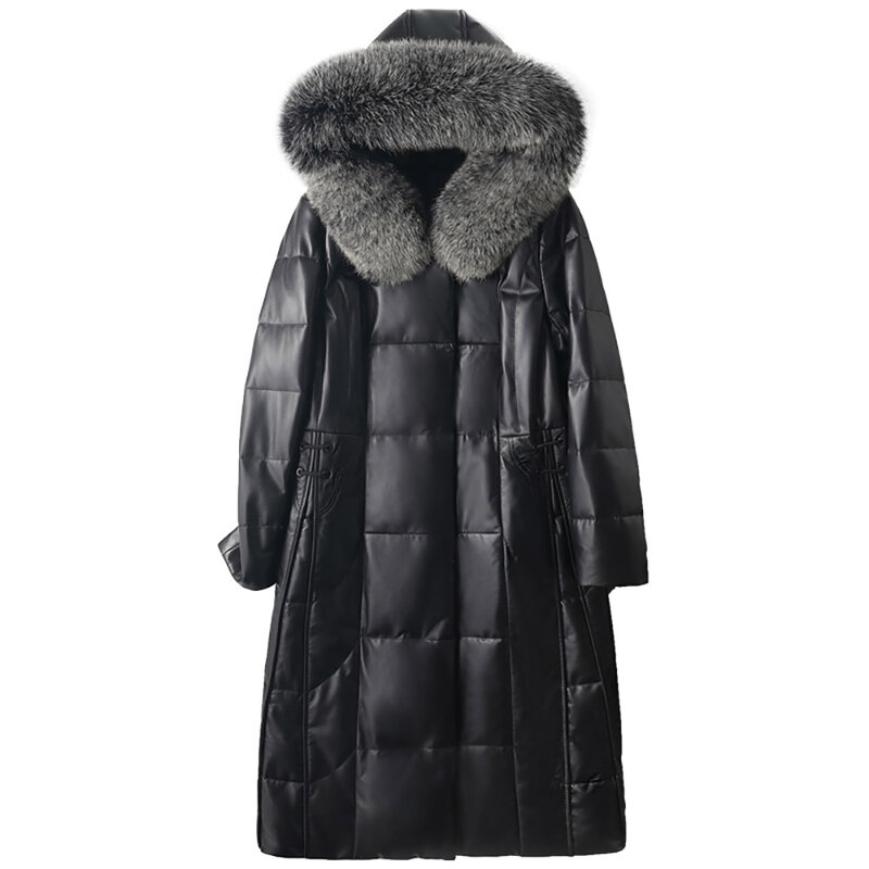 Oversized Parkas Women Leather Down Jackets Detachable Natural Fur Collar Hooded Coats Winter Female Chic Thick Warm Outerwear