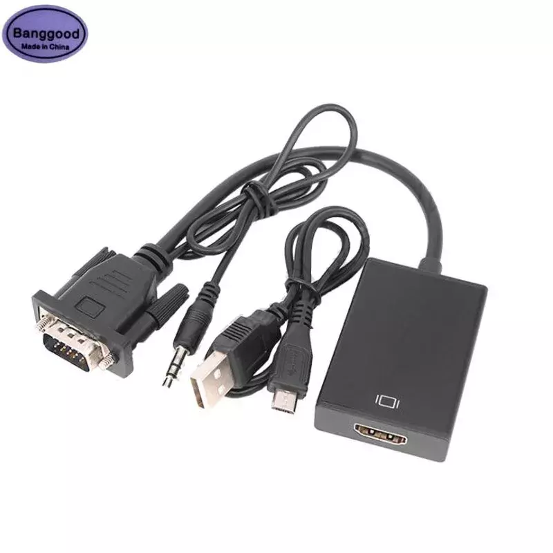 Kabel adaptor VGA ke HDMI, konverter pria ke wanita 1080P VGA Jack 3.5 kabel AUX daya USB untuk PC Laptop proyektor TV