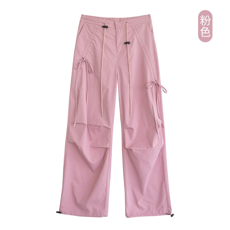 Celana Joger wanita, celana kargo warna polos kasual pinggang tinggi pinggang elastis lurus