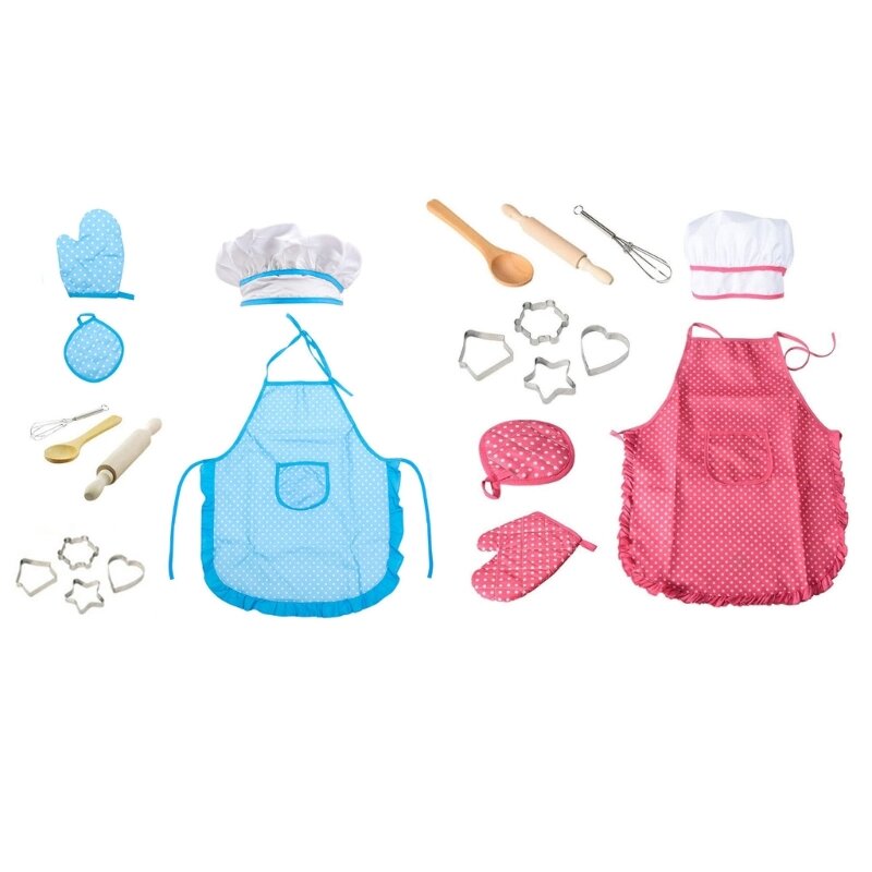 Kids Cooking Baking Chef Apron Chef Hat Mitt and Utensil for 3-10 Year Old Kids