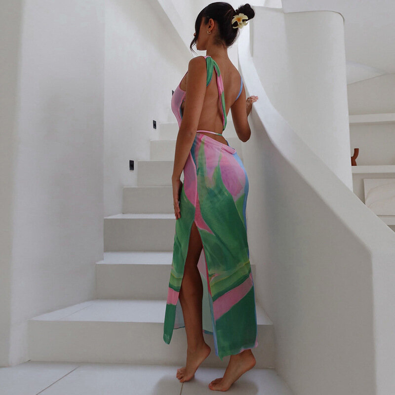 Color Printed Women's Prom Dress Backless Sleeveless Long Summer Party Gown Sheath Slim Fit Beach Holiday Split Skirt Robes