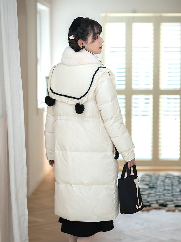 Chinese Style Panda Embroidered Detachable Knitted Shawl Long down Jacket Winter