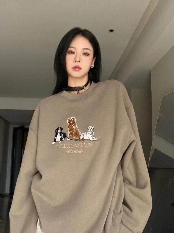 Deeptown Vintage Streetwear Sweatshirt Women Harajuku Kawaii Dog Print Oversized Hoodies Retro Hip Hop Casual Long Sleeve Tops