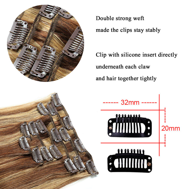 Straight Clip in Hair Extensions Real Human Hair Double Weft Invisible 7PCS Clip ins #P4/27 Thick Ends For Women 22"-24" 100G