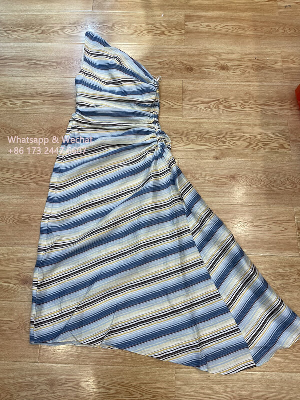 ALC* Summer 2024 Women Dress Amsymmetrial Linen One Shoulder Holiday Dress Elegant Ankle Length Slim Fit Pleated Striped