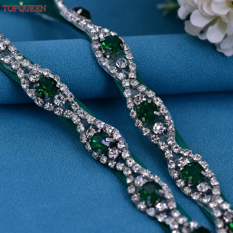 TOPQUEEN Wedding Dress Belt Green Emerald Jewel Gown Thin Woman Party Sash Satin Ribbon Fashion Bride Accesories Applique S30