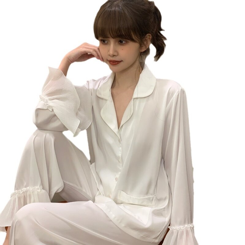 Wiosenna damska piżama z elastyczną talią bielizna nocna ubrania domowe piżama z długim rękawem garnitur ze sztucznego jedwabiu satynowa bielizna nocna strój wypoczynkowy