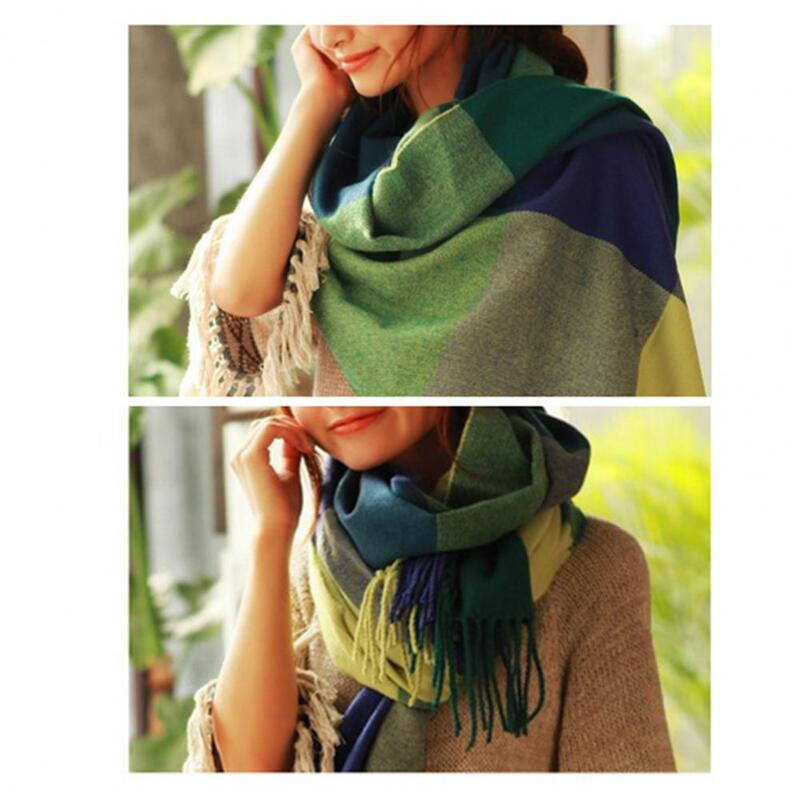 Теплый шарф, элегантная зимняя шаль, разноцветный шарф с клетчатым принтом и отделкой кисточками, плотный теплый модный аксессуар из искусственного кашемира