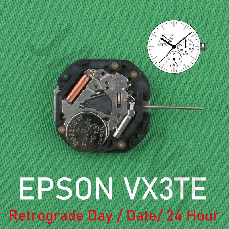 Часовой механизм VX3T epson VX3TE, Аналоговый кварцевый механизм 10 1/2 '', тонкий механизм, 3 стрелки (H/M/S) с ретроклассным днем/датой/24 часа