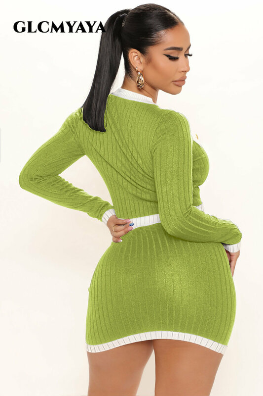 GLCMYAYA Vintage Knit Ribbed Patchwork Women Midi Mini Bodycon Skirt Suit and Long Sleeve Sweater 2023 Chic Ins Two 2 Piece Set