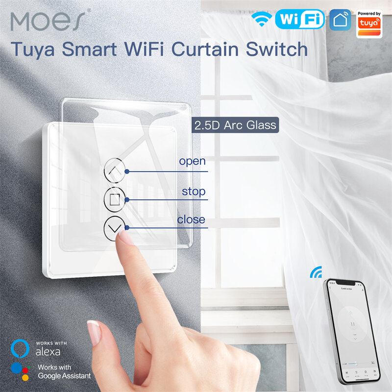 Переключатель для штор MOES Wi-Fi RF433, умный, 2.5D, дуговое стекло, сенсорный, для жалюзи, Smart Life, Tuya, работает с голосовым помощником Alexa, Google Home