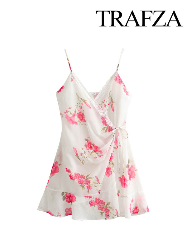 TRAFZA-Mini vestido sem encosto sem mangas com estampa branca feminina, decoração de renda, vestidos femininos estilo praia, moda verão, Y2K