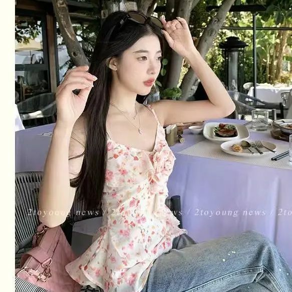 Асимметричный жилет в стиле Харадзюку, милая кофта без рукавов с цветочным принтом, модная Корейская майка Gyaru, пикантная уличная одежда, белый цвет